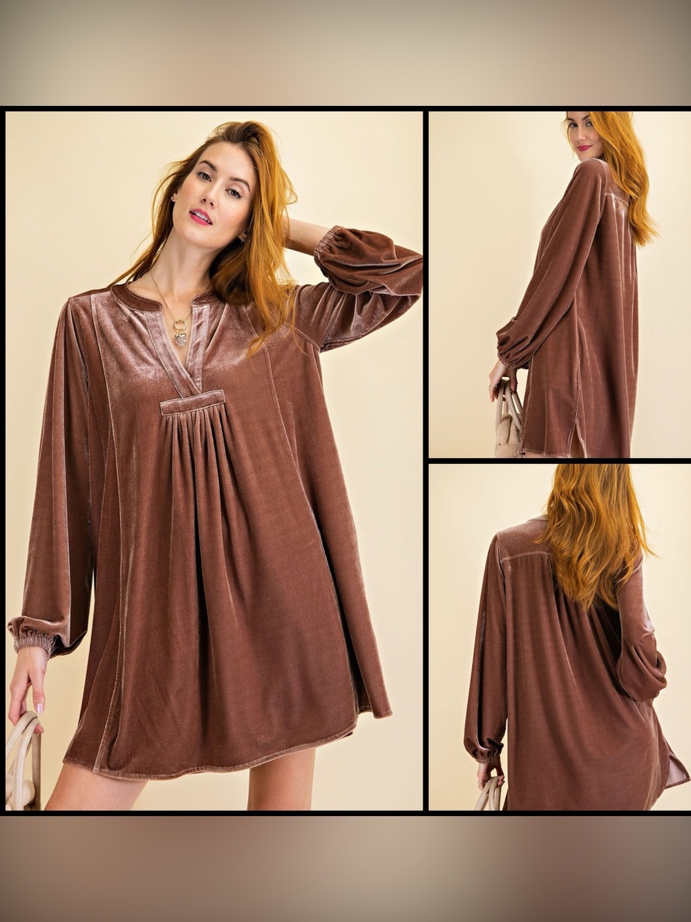 Easel Ultra-Lux Soft Velvet Tunic Babydoll Mocha Brown Boho Swing Mini Dress L